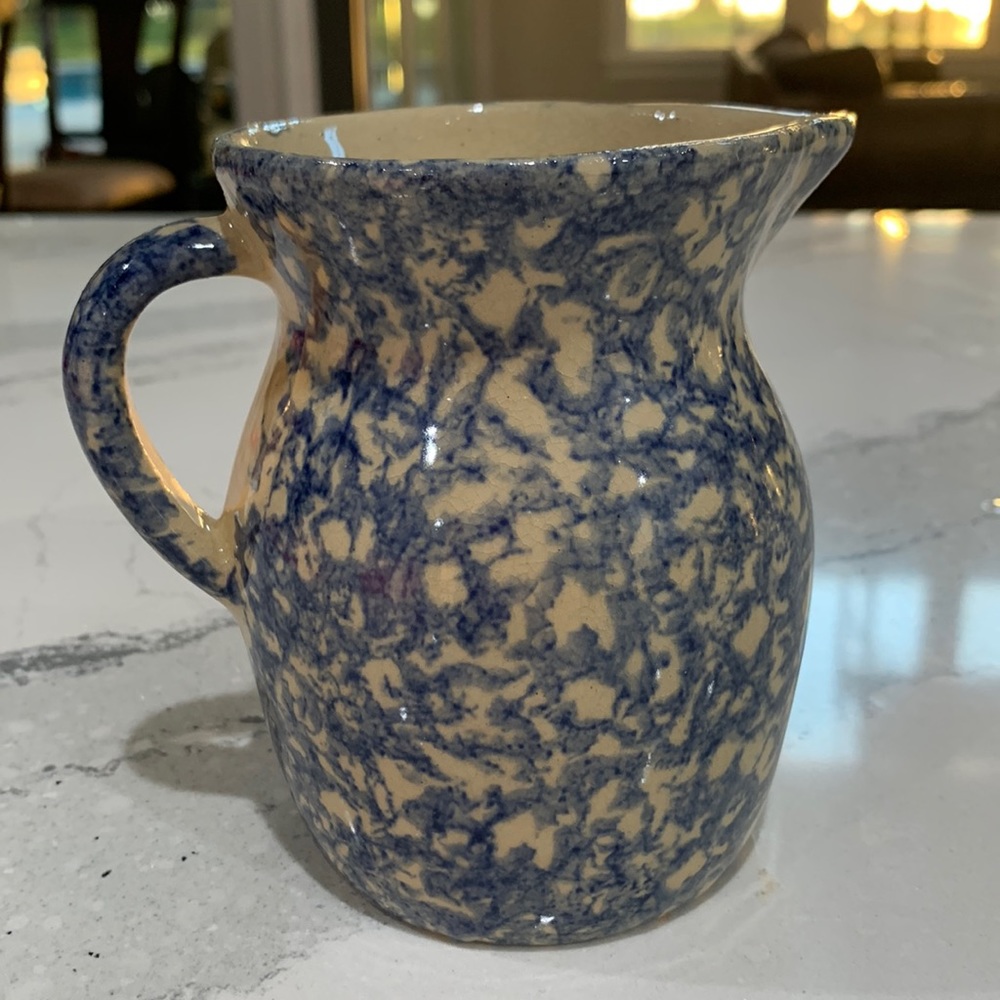 Robinson Ransbottom Pottery Small Pitcher Blue Beige Spongeware Glazed Vintage